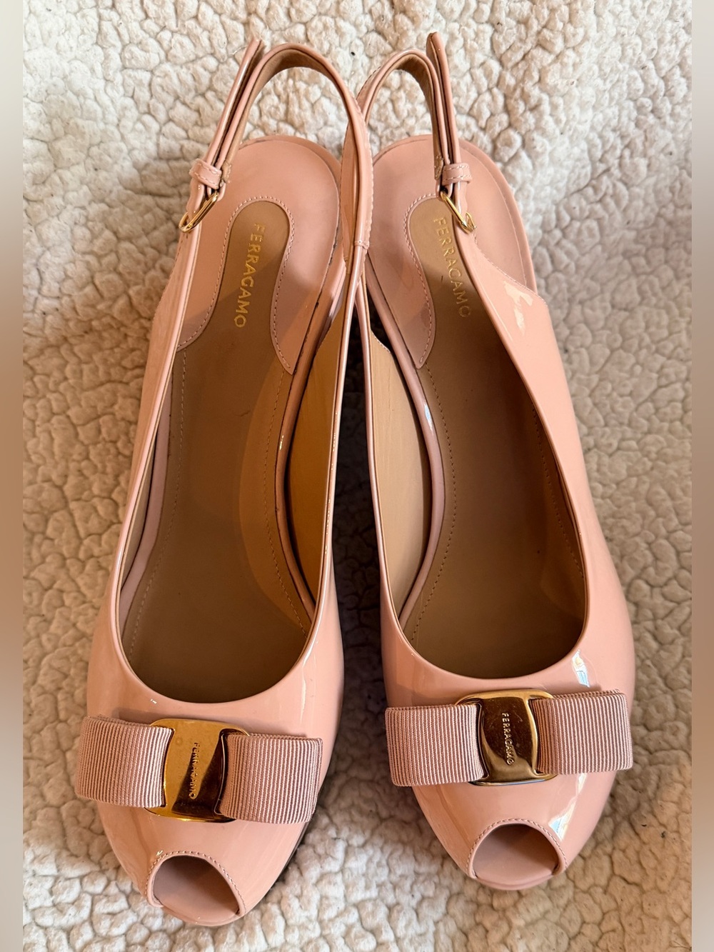 Salvatore Ferragamo Blush Patent Peep-Toe Slingback Pumps - Sz 10